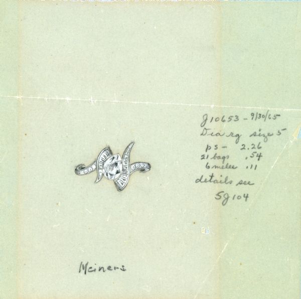 A drawing on tissue of a ring setting showcasing a 2.26 carat pear shaped diamond. Specifications for smaller stones and ring size are also recorded. Drawings such as this were used by the artist as sales samples in his jewelry business, which was founded by his father, Ferdinand Hotz in 1892.