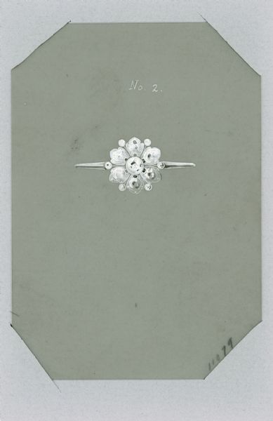 Hand-colored drawing on translucent plastic mounted in a card, of a design for a ring with thirteen stones. It is labeled "No. 2" and the number 11079 appears in the lower right corner. The artist used cards such as this as sales samples in his jewelry busines which was founded by his father, Ferdinand Hotz, in 1892.