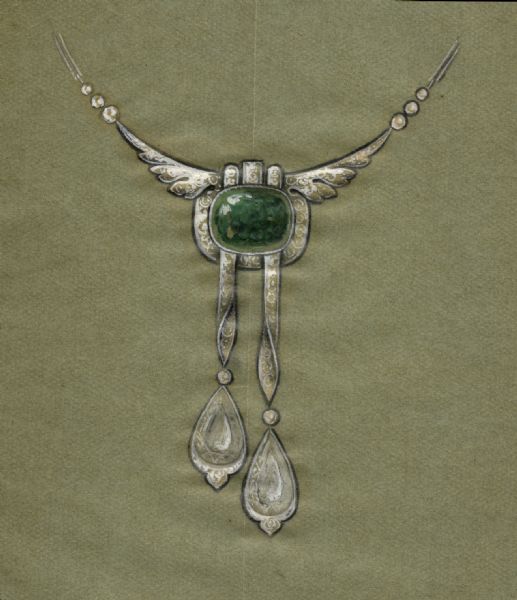 A highly detailed design for a necklace featuring a large green stone and two teardrop shape stones hanging below it.