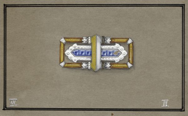 A drawing of a design for a buckle shaped brooch featuring blue square cut stones. The two halves of the design represent options III and IV to be offered to the customer. On the reverse is written "Est. 2448."