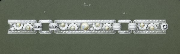 Hand-colored drawing on green cardboard of a design for a floral bracelet. Pearls form the center of flowers set in rectangular links of openwork textured metal. The drawing depicts two designs for small connecting links, labeled "A." and "B." "No. I" is written at the top of the drawing.