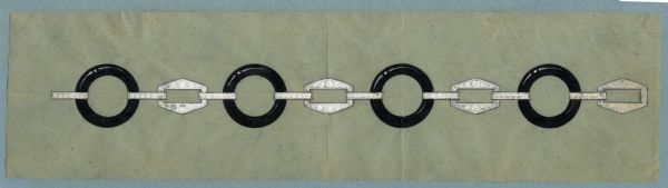 Hand-colored drawing on green tissue mounted on blue cardboard depicting a design for an Art Deco bracelet. There are large circular links of a smooth black material and smaller polygonal metal links with small stones set in them.