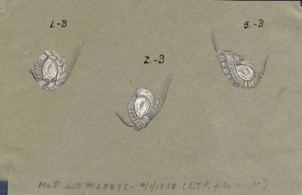 A series of three hand-colored drawings on grey cardboard for a selection of earring designs, labeled "1.- B," "2.- B" and "3.- B," depicted on an ear lobe. Each design features a pear cut diamond surrounded by smaller diamonds of various shapes and textured metal.  Written on the drawing is "McT est # 15498 - 4/1/1938 (E.T.F. file [illegible])."