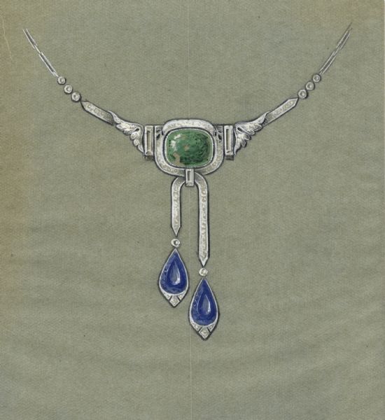 Hand-colored drawing of a design for a pendant. A large green stone is mounted in a setting of metal which is either carved or set with smaller stones. Two tear drop shaped blue faceted stones hang from the central setting.