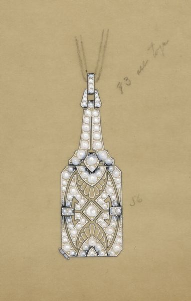 Hand-colored drawing of an intricate design for a pendant. The design features multiple stones, possibly diamonds. There is a small hinge at the lower left, indicating the main rectangular portion may be a locket or a watch. Numbers on the drawing may indicate the number of stones "56" on the lower portion and "83 all toge[ther]."