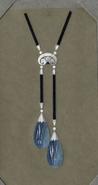Hand-colored drawing on grey paper mounted on grey cardboard of a design for a pendant. The design shows two large blue faceted teardrop shaped stones in platinum or white gold mounts suspended on cords. Small stones enhance the mounting. On the reverse is stamped "This design is the property of Ferdinand Hotz. A charge will be made if not returned."