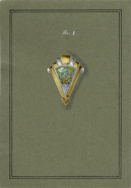 A drawing on green cardboard, labeled No. 1, of a design for a triangular brooch. The mounting of yellow and white gold holds a multicolored cabochon, possibly an opal.