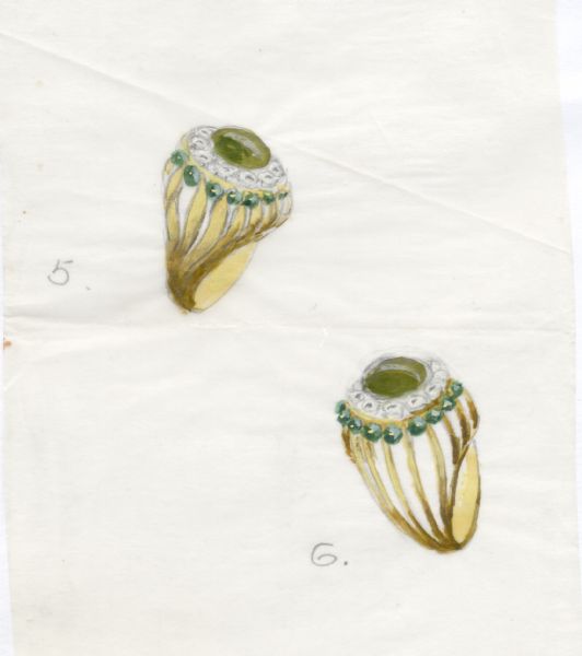 Hand-colored drawing, on white paper, of two alternate designs for a ring, labeled 5. and 6. The rings feature a large green cabochon surrounded by a row of white stones and an outer row of green stones set in an openwork mounting.