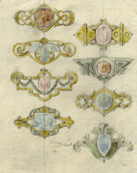 Hand-colored drawings on ecru paper of eight different designs for brooches. Stones of various shapes and colors are shown in geometric mountings with foliate decorations.