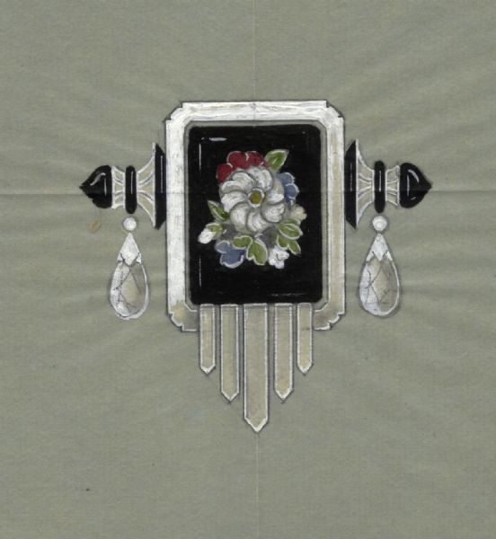 Hand-colored drawing, on paper, of a design for a brooch. The brooch features a central rectangular plaque with a colored floral design on black. There are teardrop shaped stones as pendants on either side, and accents of black stone.