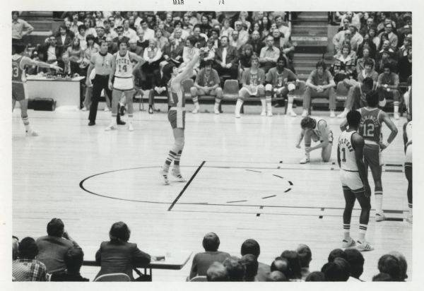 Atlanta Hawks star Peter "Pistol Pete" Press Maravich shoots a free throw in a game against the Milwaukee Bucks at the Dane County Coliseum.