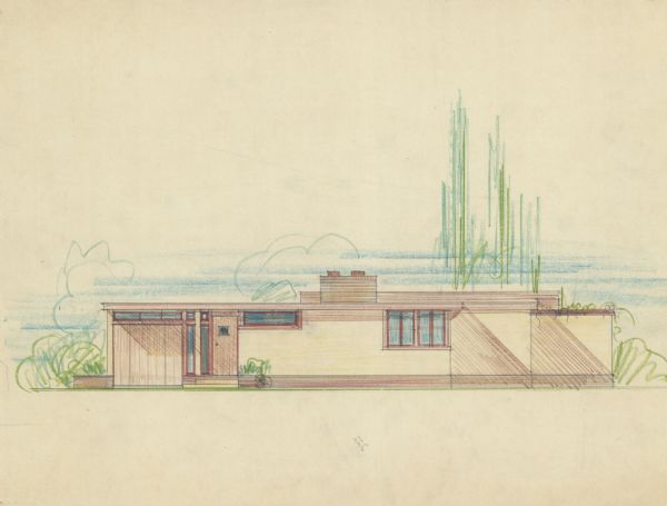 Colored drawing of the front elevation for the Mac Wilkie house drawn by the architect William Kaeser. The house was planned for the Sunset Village neighborhood.
