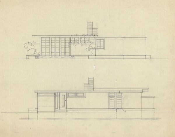 Black and white drawing of two elevations for the Mac Wilkie house drawn by the architect William Kaeser. The house was planned for the Sunset Village neighborhood.