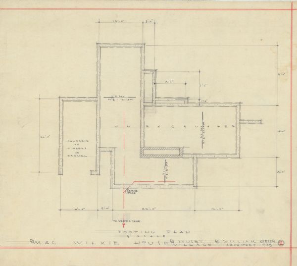Footing plan for the Mac Wilkie house drawn by the architect William Kaeser. The house was planned for the Sunset Village neighborhood.