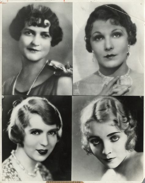 Composite of four head and shoulders portraits of the three former wives and the fiancée of actor John Gilbert: Olivia Burwell (top left), Leatrice Joy (top right), Ina Claire (bottom left), and fiancée Virginia Bruce (bottom right).
