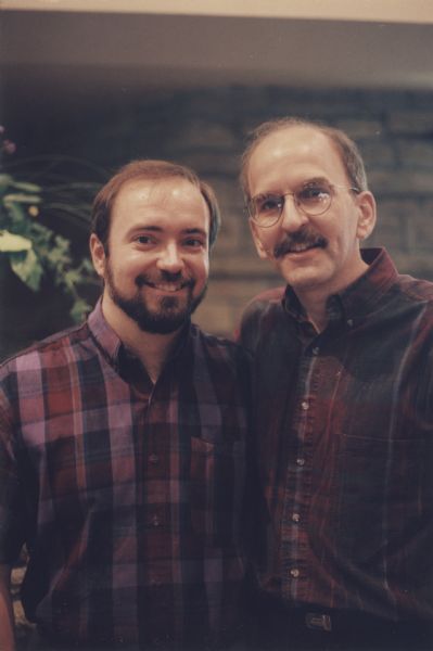 Close-up portrait of Brian Bigler (right) and Ken Scott (left) at their Holy Union Ceremony on July 22, 1995 at the First Unitarian Church, Madison, Wisconsin.  This may have been one of the first such unions in Madison.
