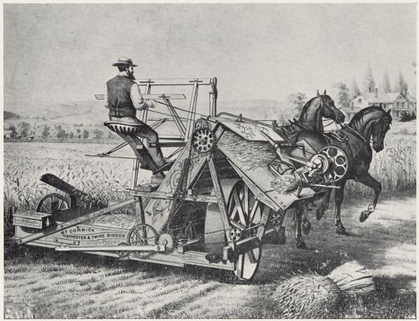 Letterpress print of a McCormick Harvester & Twine Binder. The grain binder is operated by a man seated on the machine and pulled by two horses. A farmhouse is in the background on the right.