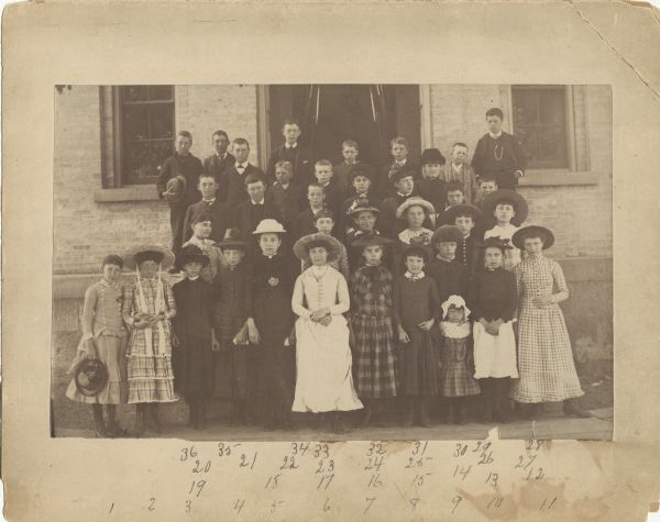 Class picture of the fourth ward pupils of Madison. 1. Caroline Young, 2. Belle Griffiths 3. Carrie Kohner 4. Irma Kleinpell 5. Annie McConnell 6. Matie Jay 7. Anna Griffiths 8. Bessie Smethurt 9. Maudie Stephenson 10. Ella Prissentin 11. India Gile 12. Edna Pardee 13. Ida Davey 14. Allie Stephenson 15. Lillie O'Sheridan 16. Carrie Hauk 17. Mary Lawrence 18. James Sheridan 19. Myrtle Dan 20. Arthur Pardee 21. Clement Tyner 22. David Carver 23. Tippie or John Butler 24. Clara McConnell 25. Jennie Henry 26. Carlyle Gile 27. Willie McNaught 28. Frank Bowmann 29. Johnnie Slightam 30. Jessie Camon 31. Roy Rugers 32. Frank Vaughn 33. Walter Kleinpell 34. Peter Higgins 35. Ed Deards and 36. Guy Rogers