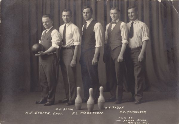 The members of the Attorney General Team of the State House Bowling League. They were the Champions of the 1926-27 Season. The members were; A.F. Stofen, Capt., A.E. Blum, F.L. Pierstorff, E.E. Radke, and C.E. Schreiber.