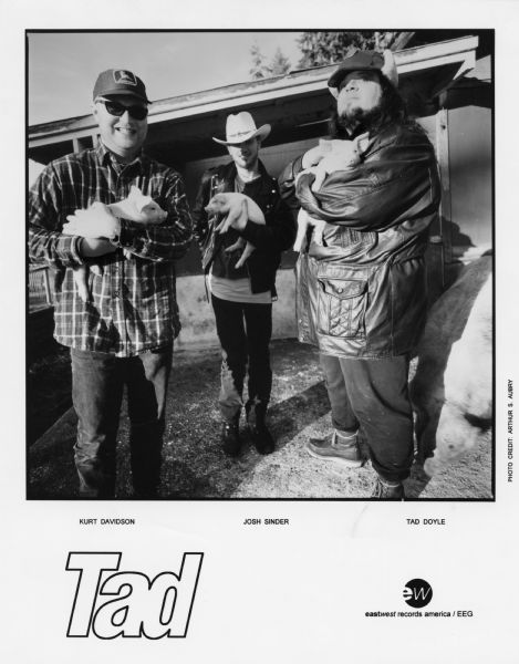 Publicity photograph of the three band members from Tad, a Seattle Washington grunge rock band. From left to right are Kurt Davidson, Josh Sinder, and Tad Doyle. They appear to be in a barnyard and are all holding piglets. A large pig is at the right. Eastwest Records mentioned on photograph.