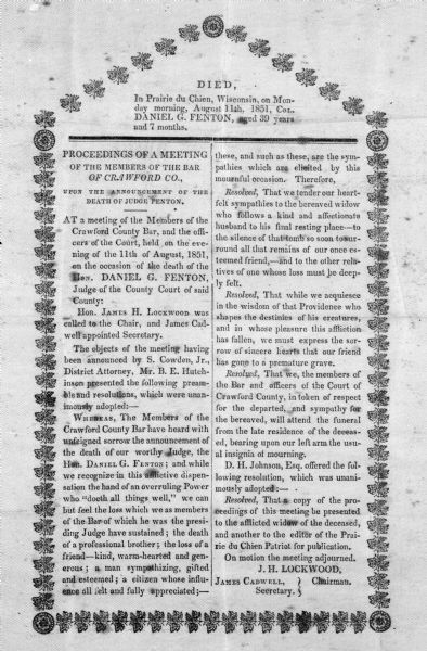 Photograph of the death notice of Daniel G. Fenton, a Judge of the County Court, published by the Members of the Bar of Crawford County.