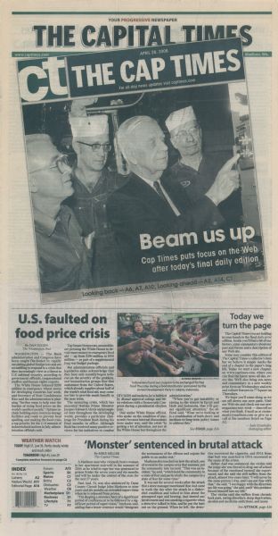 The front page of the final daily print edition of "The Capital Times."