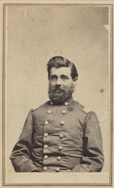 Waist-up portrait of William Penn Lyon, a Wisconsin attorney, state legislator, and State Supreme Court justice (1871-1894). During the Civil War William P. Lyon enlisted as a captain in the 8th Wisconsin; in 1862 he was promoted to Colonel of the 13th Wisconsin. He left the army in 1865 with the brevet rank of brigadier general.