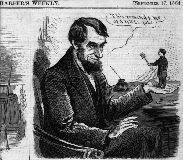 A political cartoon of President Abraham Lincoln holding a tiny General George McClellan in the palm of his hand. McClellan is carrying a spade. Lincoln is saying: "This reminds me of a little joke." This is a reference to McClellan's enemies saying that he spent more time digging defensive trenches than fighting the Confederate army. Lincoln and McClellan were both running for president in 1864.