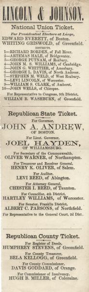 The National Union Ticket. National Union Party was the name the Republican Party used in 1864 to attract War Democrats who would not vote for the Republican Party. Abraham Lincoln was the candidate for President, running against General George B. McClellan.