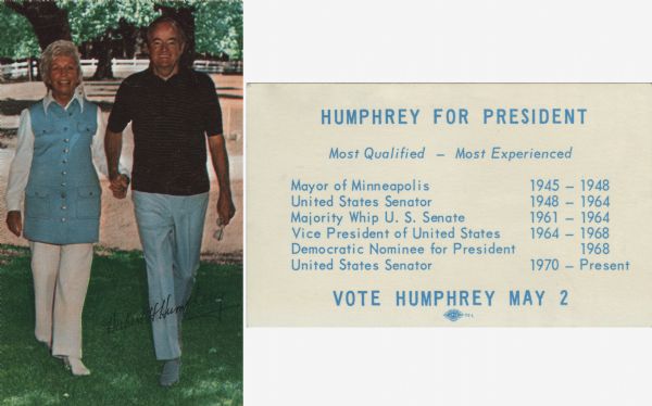 Hubert Humphrey presidential campaign card. He is shown walking hand is hand with his wife Muriel. On the back are listed his years in public office.