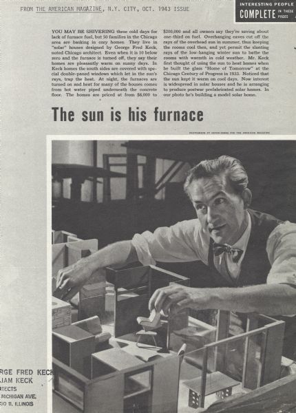A page from "The American Magazine" featuring the architect, George Fred Keck. He is shown with an architectural model of a "solar" home.