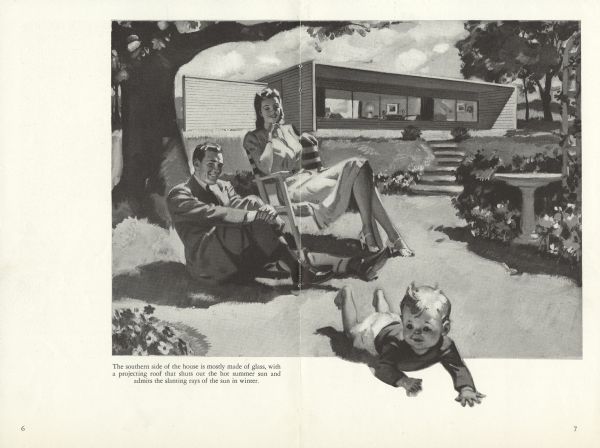 Center spread of a 12 page booklet named "Homes for tomorrow's happy living." The illustration is of a father, seated on the ground, and a mother, seated in a chair, watching their baby crawling in the grass of their backyard. In the background is the back (south facing) side of their home.