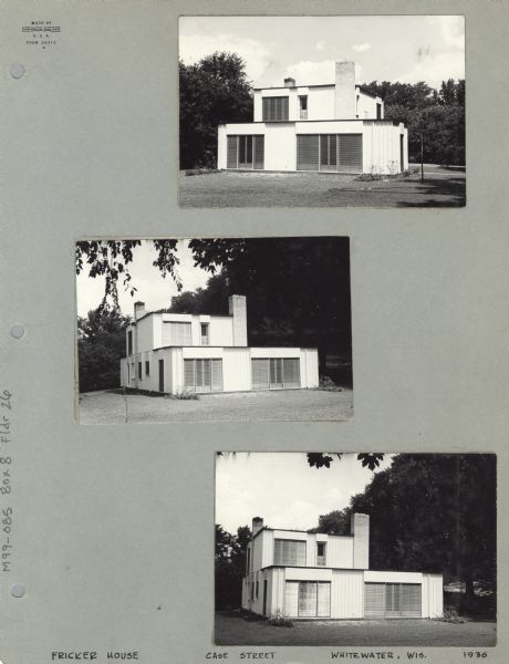 Three views of the Fricker House on Case Street, Whitewater's first modern house, the first of its kind in Whitewater. It was finished in the winter of 1937. The builder was George Fred Keck. The house was designed for William and Mary Fricker, former professors at the University of Wisconsin-Whitewater. It was a two-story, flat roofed frame house without a cellar, set on a poured concrete foundation with a two foot ventilated space between the concrete and the wood frame. The house was clad with 10-inch vertical cedar siding.