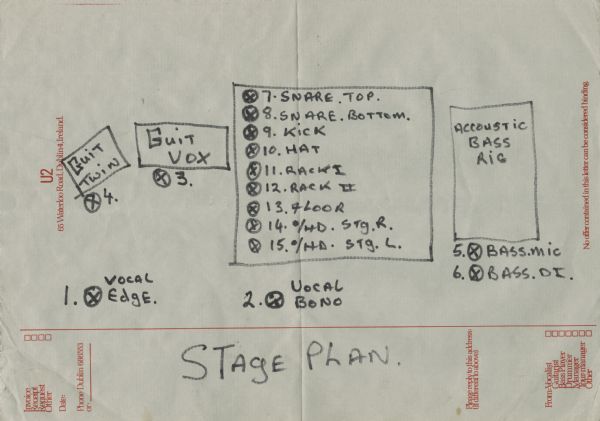 Stage Plot for the band U2. The famed Irish rock band that formed in 1976 performed on April 14, 1981 at Merlyn’s, 311 State Street, Madison, Wisconsin. U2’s sound technician drew out these stage plots on U2 stationery for Merlyn’s staff.