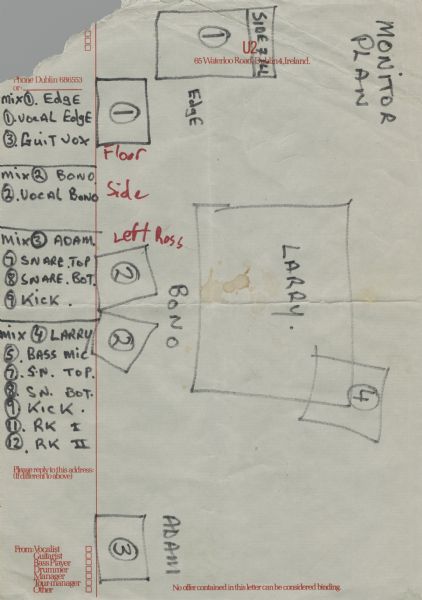 Stage Plot for the band U2. The famed Irish rock band that formed in 1976 performed on April 14, 1981 at Merlyn’s, 311 State Street, Madison, Wisconsin. U2’s sound technician drew out these stage plots on U2 stationery for Merlyn’s staff.
