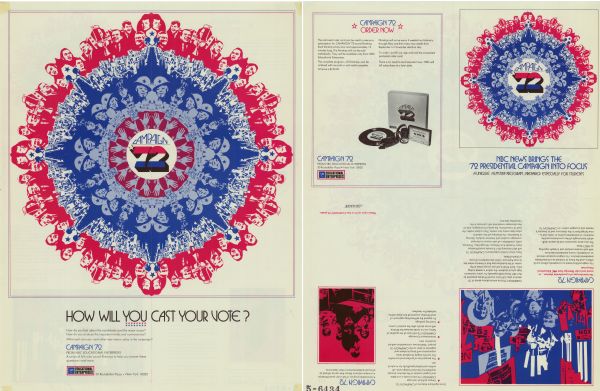 Two-sided, quarter-fold advertisement for a ten filmstrip program about the 1972 presidential election. The outside is the promotional information. The inside is a poster with a circular design and the text "Campaign '72" and "How Will You Cast Your Vote?" Audio-cassettes or records would accompany the filmstrips for the price of $150.00. A quote from the literature, "The kaleidoscope of a presidential election...in sound and color filmstrips from NBC Educational Enterprises."