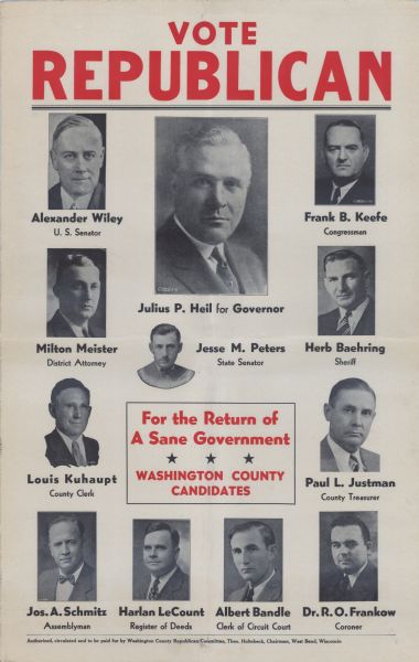 Political poster urging voters to elect Republican candidates. Each candidate appears with a quarter-length portrait. Text at the top, "Vote Republican." In the center within a border, "For the Return of A Sane Government * * * Washington County Candidates." Names, top to bottom, left to right: Alexander Wiley for U.S. Senator, Julius P. Heil for Governor, Frank B. Keefe for Congressman, Milton Meister for District Attorney, Jesse M. Peters for State Senator, Herb Baehring for Sheriff, Louis Kuhaupt for County Clerk, Paul L. Justman for County Treasurer, Jos. A. Schmitz for Assemblyman, Harlan LeCount for Register of Deeds, Albert Bandle for Clerk of Circuit Court and Dr. R.O. Frankow for Coroner.