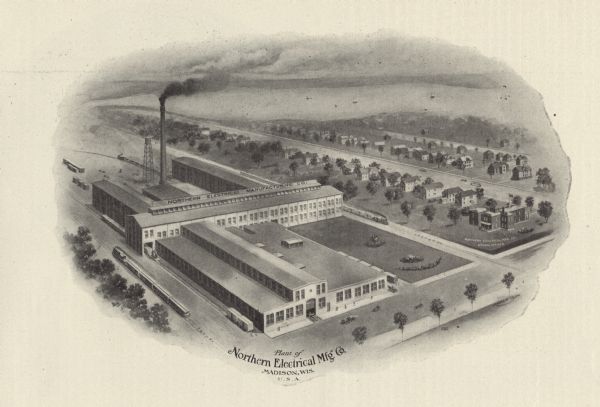 A bird's-eye view illustration of the Northern Electrical Manufacturing Company. The company was founded in 1895 by four Madison businessmen, Conrad M. Conradson, Arthur O’Neill Fox, William F. Vilas and D. Jackson. It was located in the block bounded by East Wilson Street, South Dickinson Street, Railroad Street and Thornton Avenue. They built electric motors, generators, and other machinery and eventually became part of General Electric.