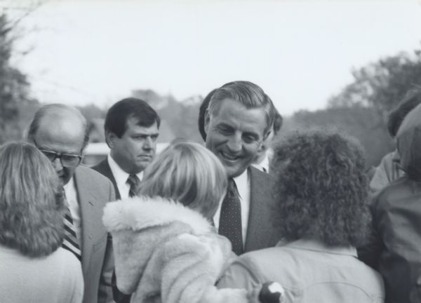 Vice-president Walter Mondale campaigning for reelection in Wisconsin. To Mondale's right, and partially obscured, is Wisconsin Senator Gaylord Nelson, who was defeated in the November general election.