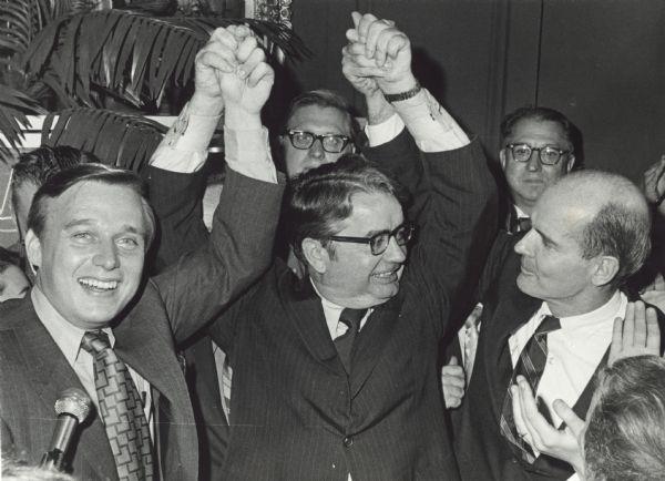Democrat Patrick J. Lucey (center) celebrating his election as governor of Wisconsin with Martin Schreiber (left), his running mate, and Senator William Proxmire.