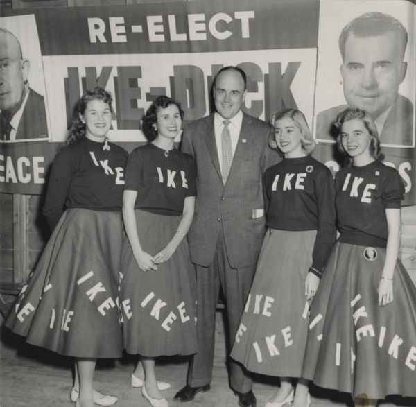 Wisconsin Congressman Melvin R. Laird with four supporters of the re-election campaign of President Dwight Eisenhower and Dick Nixon, dressed in special campaign garb.