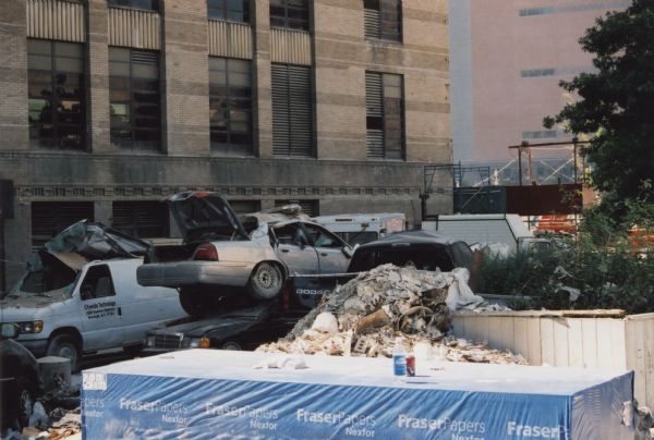 Automobiles damaged during the collapse of the World Trade Center on September 11, 2001.