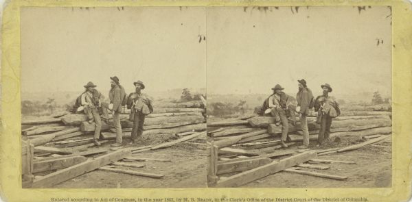 Stereograph of three Confederate soldiers captured during the Battle of Gettysburg.  This photograph was taken by Mathew Brady a few days after the battle.  Today it is one of the most iconic images of the Civil War. The card from the Historical Society's collection is a rare early imprint of Brady's Gettysburg work.  (Note that Brady was using up some outdated 1862 stereographs.) The card was purchased at Brady's studio by Lucius Fairchild when he had his picture taken there in the fall of 1863.