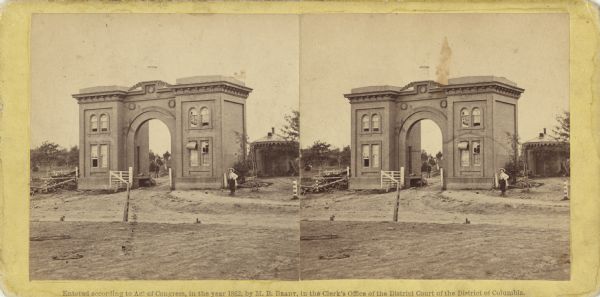 Stereograph of the Evergreen Cemetery, a private cemetery in Gettysburg opened in 1855. Because of its location on Cemetery Hill, the highest point in the vicinity, the highly visible gateway was a focus of combat during the battle. This photograph was made by Mathew Brady a few days after the battle. The gateway, now a national historic landmark, adjoins the National Cemetery.