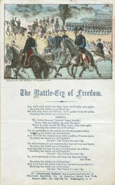 Colorfully decorated letter received in the office of Wisconsin Governor James Lewis from Isaac Joiner of the Veterans Reserve Corps stationed in Alexandria, Virginia. He wishes to transfer to a Wisconsin regiment. The letterhead, which appears to have been hand tinted, depicts a large body of Union soldiers, some on horseback, on parade. Also includes the lyrics of the song, "Battle Cry of Freedom", written in 1862 by American composer George Frederick Root.