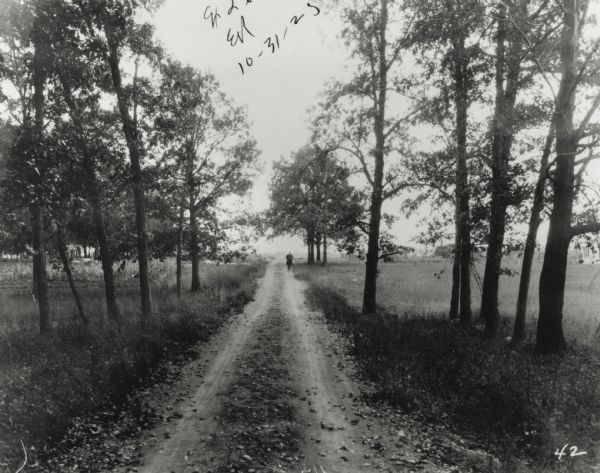 View of dirt road running through trees. A man stands in the road. Some homes can barely be seen in the background beyond the trees. Text at foot of photograph reads, "71st. St. 144+50 Looking South from Line."