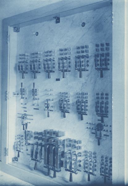 Cyanotype of an electrical panel in the State Historical Library building. The panel was located on the second floor outside of the library.