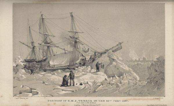 Position of H.M.S. <i>Terror</i> on the 22nd of February, 1837. The sailing ship was immobilized in the sea ice near Southampton Island, at the entrance to Hudson Bay, with her sails furled. The crew was occupied with various tasks. Two men in the foreground take readings with a sextant. A man on the left carries something on his back, and another can be seen on the far left. A man holds a pole under the bow, beyond him are two more men. One man stands on deck towards the bow and another man is climbing on or off, over the side.