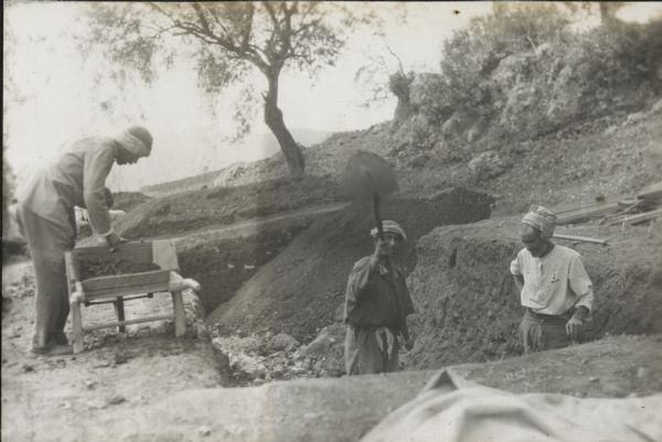 Ali Bacha looking south. Three indigenous men work on an archaeological excavation in Algeria, Africa. On the left a man examines material in a wheelbarrow. The two men on the right are standing in the trench, with one man lifting a shovel in the air and the other man gazing downward into the trench with his left hand resting on a shovel handle. All three men are wearing work clothes, and head wraps or hats. A tarp is in the foreground. A tree and shrubs are on the hillside in the background.