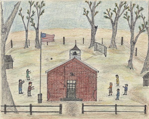 Dunham School, standing in a grove of trees, surrounded by a fence. Seven children play "Andy-Over-the-Schoolhouse," a game in which they throw a ball over the schoolhouse roof. A baseball diamond is in the back right corner. The school is built of brick with a door in the center and a bell tower. An American flag flies on a flagpole on the left. A portion of the girl's and boy's outhouses can be seen on the far left and far right.<p>The following is a recollection from the creator: "Andy-Over-the-Schoolhouse. Two recesses a day, plus the noon hour, gave us time for play. Fall and spring were times for baseball games, boys and girls teaming together on a baseball field well worn from seventy-five years of play. The old merry-go-round turned most of the time during recess, sometimes swinging back and forth until it nearly fell off its center pole. Dividing into sides, we played Andy-Over-the-Schoolhouse, tagging each other to increase our team size as the game progressed. One warm spring day, with the smell of peanut butter and jam sandwiches still hanging in the noontime air, we built a grass house over fallen branches. Some older students later boasted about doing unusual things in the darkness of the grass house."
